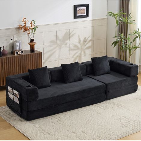 Klappbares Bodenschlafsofa aus Stoff in Cordoptik Schwarz HAVRYA (1/5)