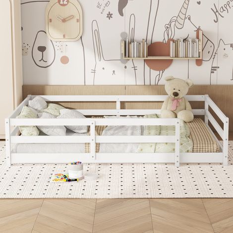 Letto Montessori a pavimento con sponde su 4 lati e rete a doghe, legno di pino, bianco, 140x200 cm (1/5)