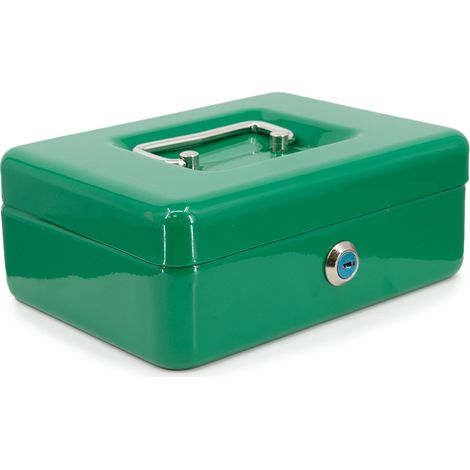 Caisse à monnaie en acier vert avec poignée de transport – Serrure à clés – Compartiments pour pièces et billets – Dimensions 20x16x8 cm (1/5)