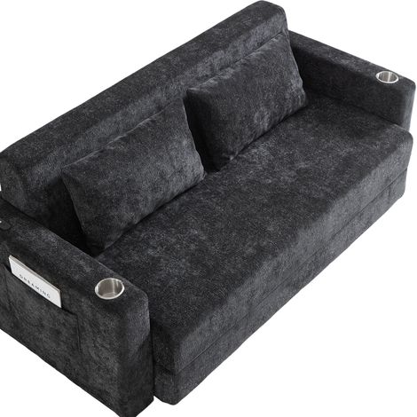 CHICFURN sofá cama 2 plazas 153x77x65 cm de chenilla negro gris con USB y 2 cojines (1/5)