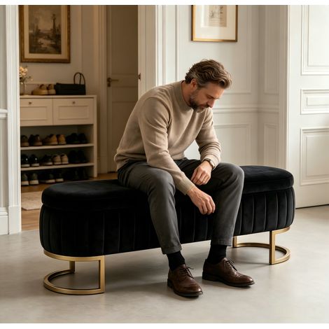 Sofá cama de terciopelo con espacio de almacenamiento, 130 cm - Patas de metal dorado - Banco tapizado con almacenamiento para dormitorio, pasillo o sala de estar. (1/5)