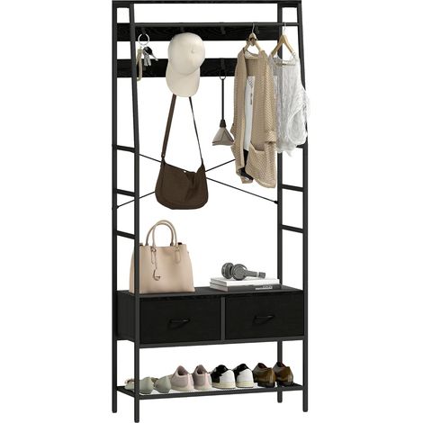 Porte-manteau, étagère à vêtements avec range-chaussures, 2 tiroirs en tissu, penderie avec 8 crochets, étagère, porte-vestes avec dispositif anti-basculement, pour entrée, couloir, chambre, noir