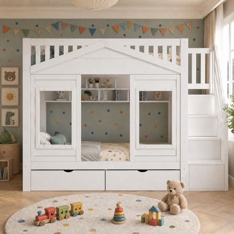 Letto a soppalco 90/200 cm bianco con scala contenitore, cassetto e design casetta (1/5)