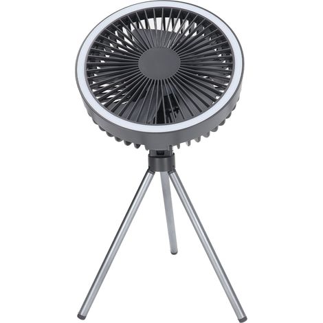 Ventilateur de bureau trépied avec lumière, rechargeable par USB, 3 vitesses réglables, portable, à suspendre sous tente, pour l'intérieur, l'extérieur et le camping (noir). (1/5)