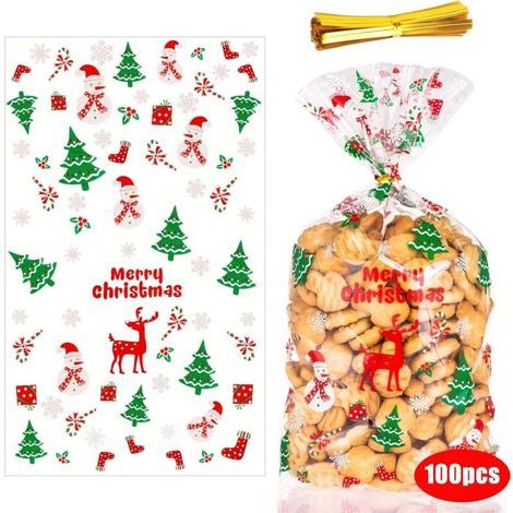 100 Stück Weihnachtstüten aus Plastik für Süßigkeiten und Kekse, Weihnachtsgeschenktüten mit Drehverschlüssen für Weihnachtsfeierbedarf (Frohe Weihnachten) (1/5)