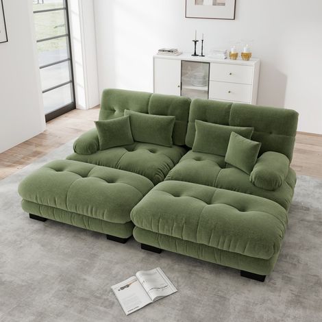 Modulares Ecksofa Cloud – 220 x 145 x 81 cm – 2-Sitzer mit 2 Hockern und 4 Kissen – Weicher Komfort – aus grünem Chenille