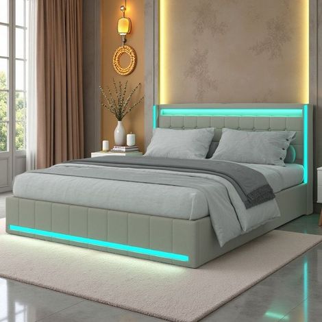Doppelbett 160x200 - Maxi Stauraum - 4 Schubladen - RGB LEDs - Ökologischer Leinenstoff