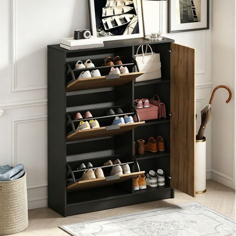 Meuble à chaussures 100x30x130 cm avec 3 abattants et 1 porte, rangement d'entrée gain de place, MDF naturel et noir (1/5)