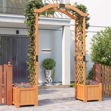 Arche de Jardin en Bois avec Bacs à Plantes Treillis en Arche pour Plantes Grimpantes Légumes Fleurs Pergola Extérieure pour Jardin Jaune
