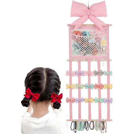 Porte-Pinces À Cheveux Sac Filet Avec Noeud Rose Montage Mur Organisateur D'accessoires Capillaires Pour Filles pour Chambre Fille Adolescent Déco Maison (1/5)