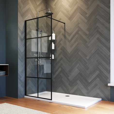 ELEGANT 800mm Walk in Shower Door Wet Room, Reversible Shower Screen Panel 8mm Safety Glass, Matte Black Walkin Shower Enclosure Cubicle with 1200x760mm Shower Tray (1/5)
