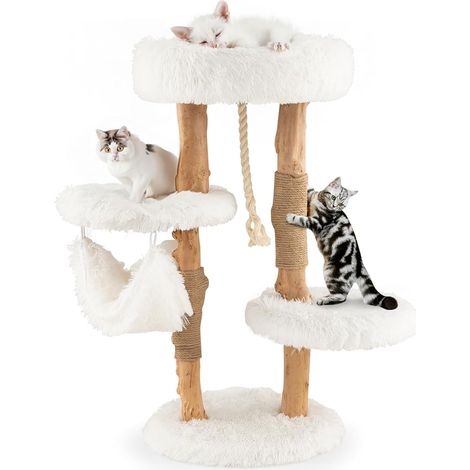 COSTWAY 87cm Kratzbaum Holz, Katzenbaum mit Hängematte & Sisalseil & Plüschsitzflächen, Katzenturm mit Kratzpfosten aus Jute, Katzenmöbel Massivholz, Katzenkratzbaum Kletterbaum Katzen, Weiß (1/5)