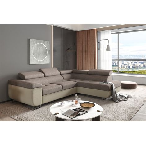 Ecksofa Sofa JADE Stoff Monolith Creme-Grau mit Schlaffunktion Ottomane Rechts (1/2)