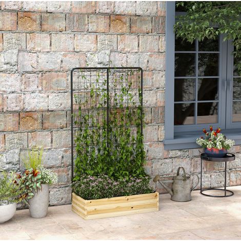CHICFURN Fioriera con grigliato 80 x 38 x 145 cm in legno naturale e acciaio, balcone (1/5)