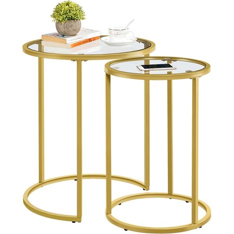 Yaheetech Set di 2 Tavolini Bassi da Salotto Tavolino Rotondi in Metallo e Vetro Soggiorno Tavolino da Caffè Moderno Tavolini Sovrapponibili Oro