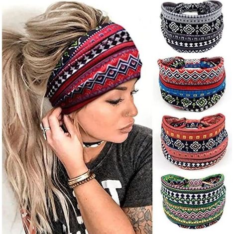 Bandeau Cheveux Femme Large,élastique Doux Boho Bandeaux Imprimé Léopard Yoga Sport Headband Multicolore Serre-tête Femme,4pcs (1/4)