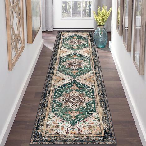 Tapis de couloir lavable, 60 x 180 cm, style bohème vintage, antidérapant, envers en caoutchouc, en fausse laine à poils courts, résistant aux taches et aspect vieilli, convient aux cuisines et aux bu (1/4)
