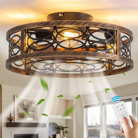 Ceiling Fans with Built-in Lamp E27 Vintage Fan Ceiling Light with Remote Control Metal Cage Light Fixture Fan for Living Room Bedroom Dining Room Light (1/5)