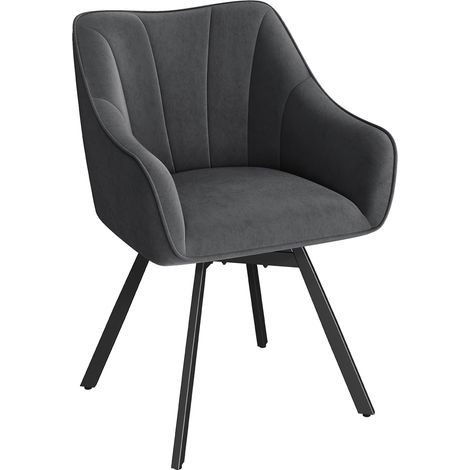 Yaheetech Chaise de Salle à Manger Rotative avec Dossier et Accoudoirs, Chaise de Cuisine Roulante Assise en Velours et Pieds en Métal, Gris Foncé (1/5)