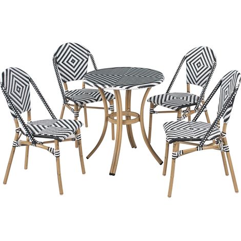 Set da Giardino a 4 Posti in Rattan Piano in Vetro Bianco e Nero Rifreddo