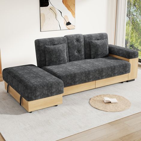 Canapé de salon avec rangement, dossier réglable en 3 positions, canapé-lit avec tiroirs, tissu chenille, structure en MDF, porte-gobelet et pouf de rangement, 217 cm de hauteur, gris. (1/4)