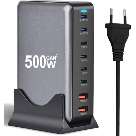 Chargeur USB C 8 ports 500 W avec GaN III et PD 3.1, avec 6 USB-C et 2 USB-A PD PPS Chargeur 100 W pour MacBook, iPhone, ordinateur portable, iPad, Samsung (1/5)