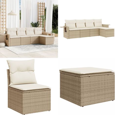 5-tlg. Garten-Sofagarnitur mit Kissen Beige Poly Rattan - Gartenmöbel - Sofasatz - Rattan Möbel - Outdoor Möbel - Lounge Set - Home & Living (1/5)