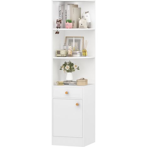 Sifree – Bibliothèque d’angle 3 étagères avec tiroir – Meuble de rangement haut en MDF blanc – Dimensions 38x38x161 cm – Gain de place pour coins