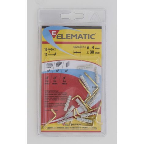 cf 10 prises Elematic EB / GO Bouchon en nylon 4x30 mm avec crochet en laiton