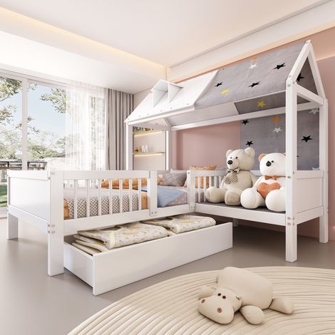 Lit cabane enfant, 90x200 cm, Lit simple de jeu avec tiroirs de rangement et tissu de tente, style scandinave, Blanc (1/5)