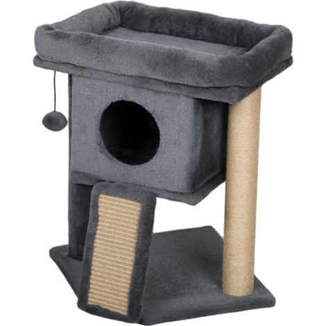 Tiragraffi per gatti con tappetino in juta, piattaforma per sdraiarsi, pallina e casetta, beige, 40 x 40 x 57 cm, spedizione in loco. (1/5)