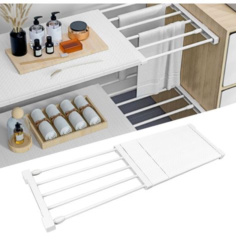 Armoire, meuble à chaussures ou étagère de rangement télescopique sans clous, en rotin blanc, avec étagères de 50 à 80 cm de long. (1/5)
