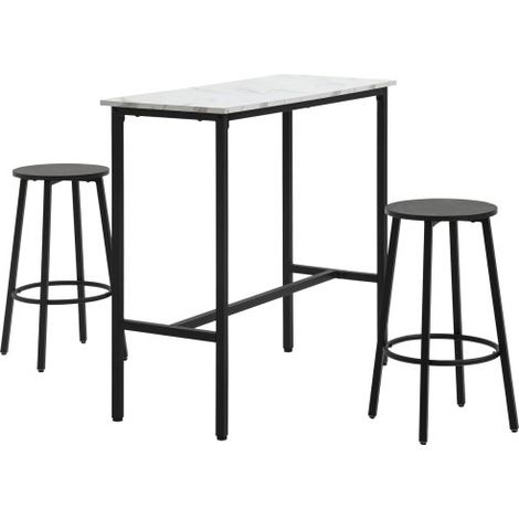Ensemble table de bar avec tabourets, ensemble table de bar 3 pièces, table à manger avec 2 tabourets de bar, ensemble repas, table haute, table de cuisine, acier, blanc, noirSur place