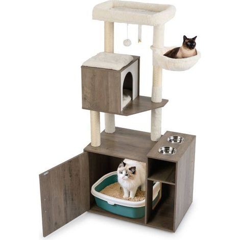 Cache litière pour chat, tour d'escalade pour chat avec poteau à griffer en sisal, tapis et balle suspendue - gris (1/5)
