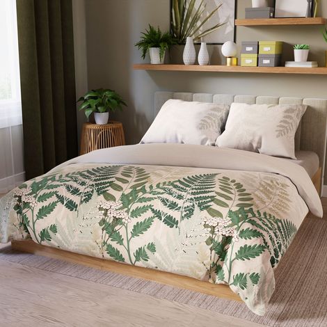 Parure de lit Ferna 220x200 cm - satin de coton, beige, motif botanique (1/5)