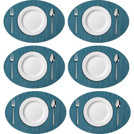 Sets de table ovales en vinyle tissé imitation bambou, résistants à la chaleur et lavables, pour table de cuisine (bleu)