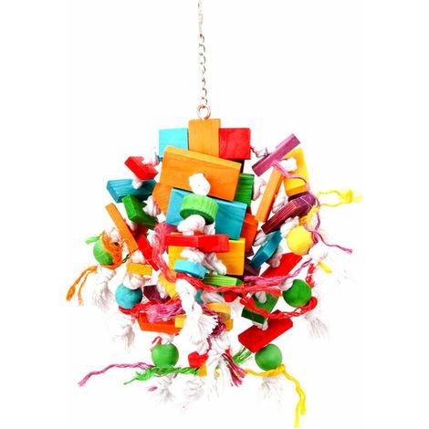 Jouet Pour Perroquet - Bloc En Bois Naturel Et Corde De Coton Teinte Alimentaire - Pour Mâcher Et Stimuler - Suspendu Avec Chaîne Inoxydable - 1 Pièce