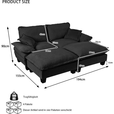 Canapé d'angle modulable nuage design bateau, avec 2 poufs déplaçables et 2 coussins douillets, revêtement en chenille confortable pour salon et appartement, noir (1/4)