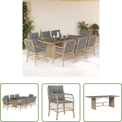 Gartenessgruppe - 9-tlg. Garten-Essgruppe mit Kissen Beigemischung Poly Rattan (1/5)