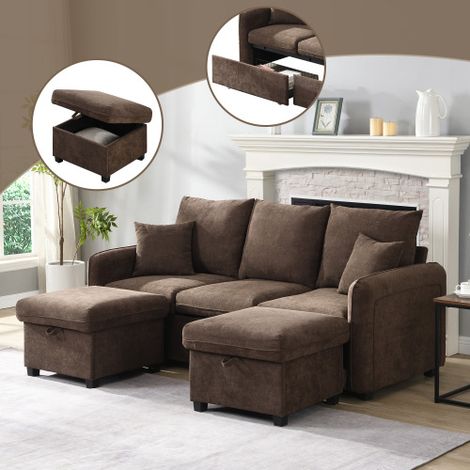 Multifunktionales 3-Sitzer Ecksofa, Stauraum in Schubladen und Hockern, Schlaffunktion, Chenille-Stoff, Dunkelbraun