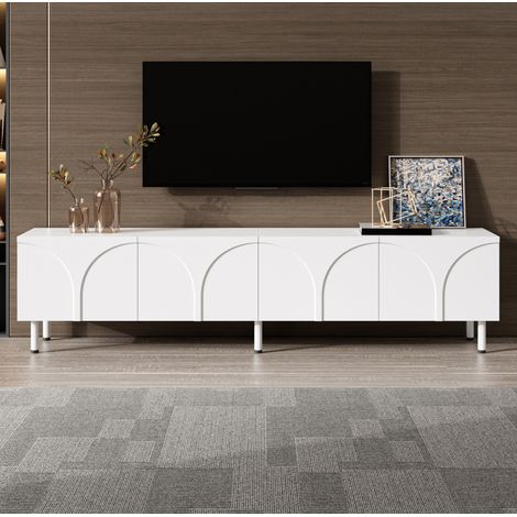 Mueble para TV con 4 puertas, cajón bajo con patas metálicas, 2 compartimentos de almacenamiento, 180x35x49 cm, blanco (1/5)