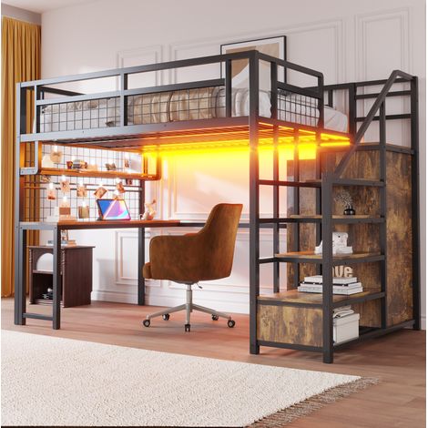 Hochbett Metall schwarz 140x200 cm mit Schreibtisch, Ablage, Stauraumtreppe und Licht