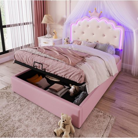 Lit tapissé 140/200 cm rose en PU avec rangement hydraulique et éclairage LED (1/5)