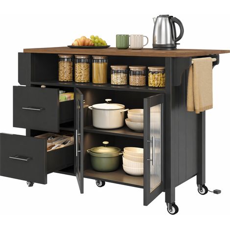 CHICFURN Isla de cocina con ruedas 139x40x94 cm MDF negro, tablero abatible y LED (1/5)