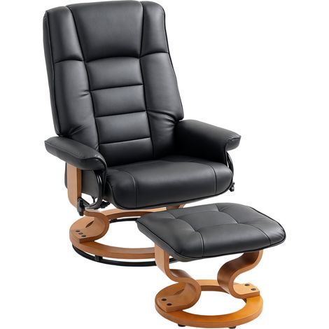 Poltrona relax reclinabile con poggiapiedi, girevole, struttura in legno, rivestimento in materiale sintetico nero.