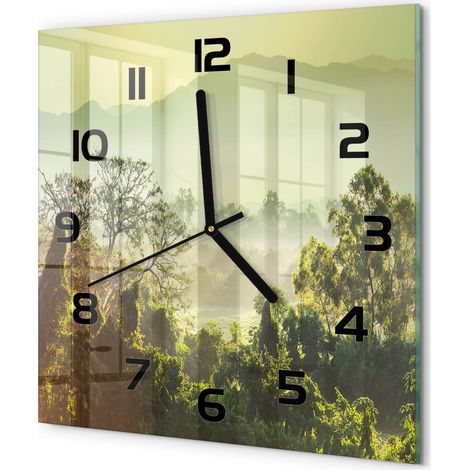 Horloge Murale Carrée Moderne en Verre Mouvement Quartz Silencieux pour Salon Jungle 30x30 cm (1/5)