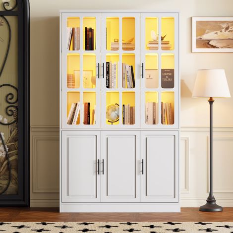 Vitrine blanche, Bibliothèques avec portes, Étagères autoportantes, Grand buffet de cuisine, Meuble de garde-manger, Bibliothèque de luxe avec éclairage LED, Vitrine avec étagères pour salon ou chambr (1/5)