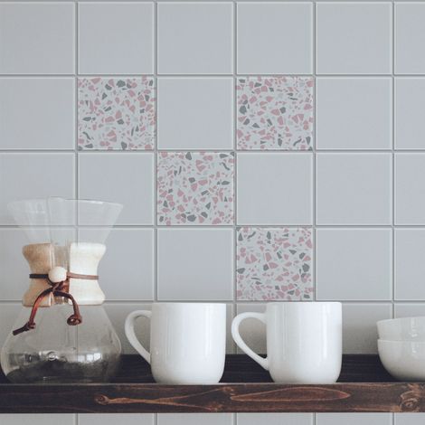 Sticker Carrelage Terrazo 10x10cm, Adhésif Décoratif Imitation Marbre Gris et Rose, 9 Pièces, Décoration Intérieure Facile. (1/2)