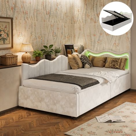 Lit coffre 90 x 200 cm, lit capitonné canapé avec LED, Lit enfant, lit 90x200 avec sommier, cadre de lit, Beige, velours (1/5)