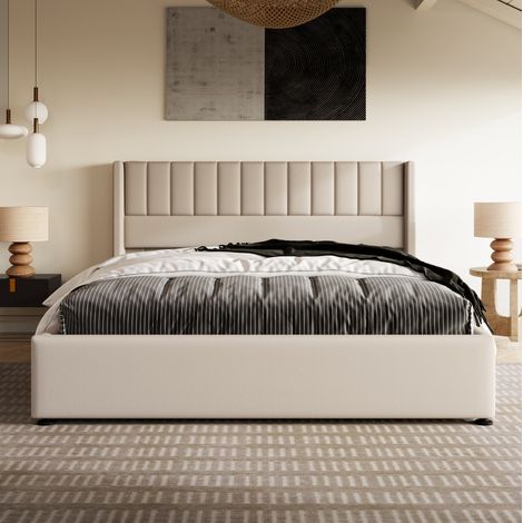 Stauraumbett 180x200 cm Beige aus Leinen mit hydraulischem Lattenrost und gepolstertem Kopfteil (1/5)